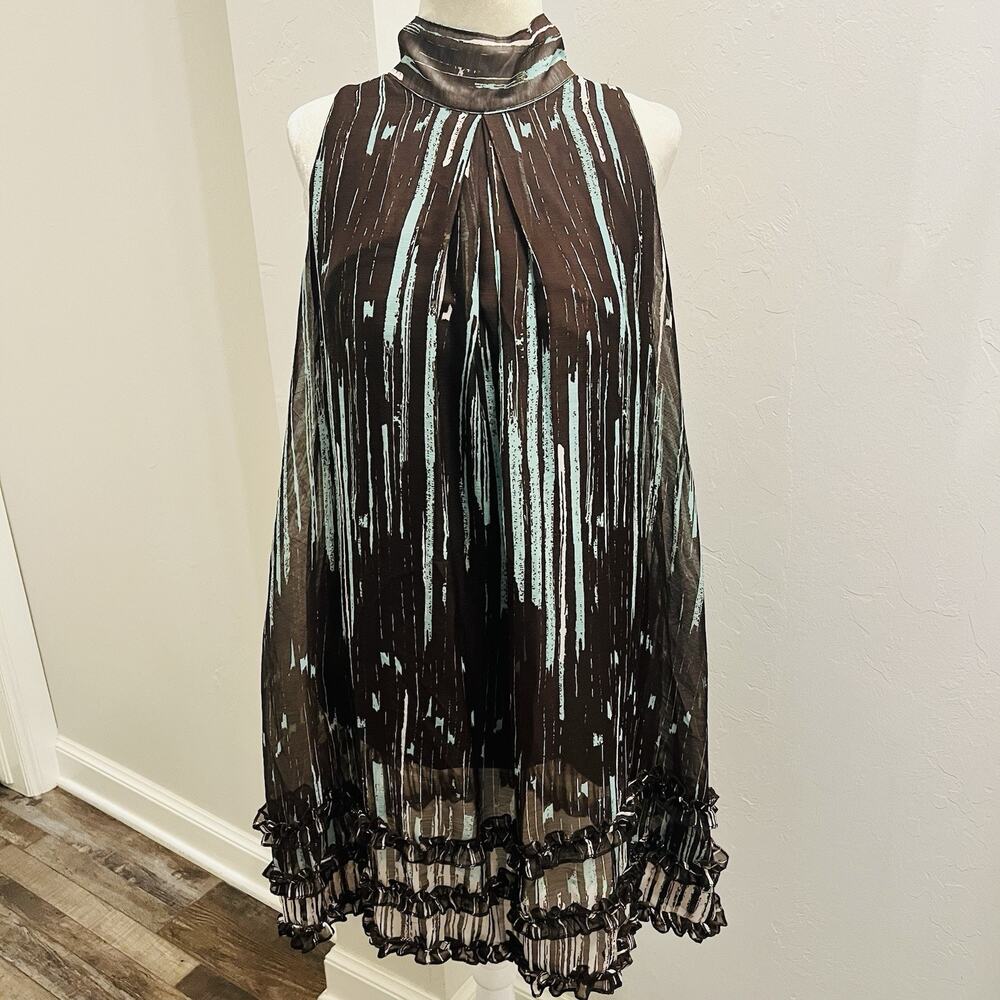 Ya Los Angeles Women’s M Halter Silk Brown Turquoise Ruffled Hem Dress (A0131)